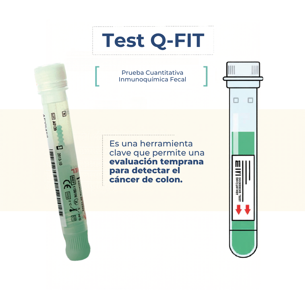 Infografía del Test Q-FIT: prueba cuantitativa inmunoquímica fecal para la evaluación temprana del cáncer de colon